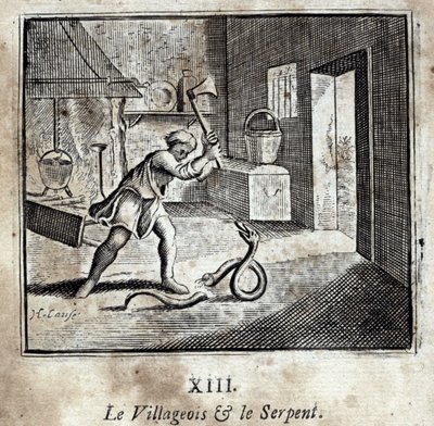 Byborna och ormen. Fabler av Jean de La Fontaine (1621-95). Illustration av François Chauveau (1613-1676). Upplaga av 1728. av Francois Chauveau