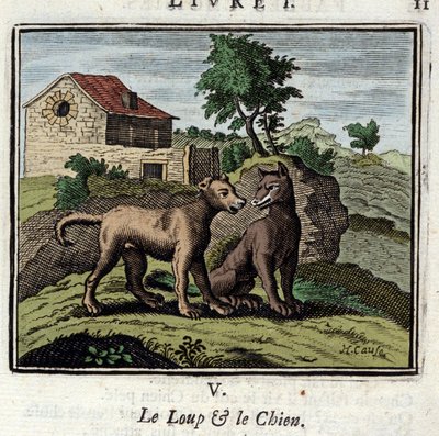 Vargen och hunden. Fabler av Jean de La Fontaine (1621-1695). Illustration av Francois Chauveau (1613-1676). Upplaga av 1728. av Francois Chauveau