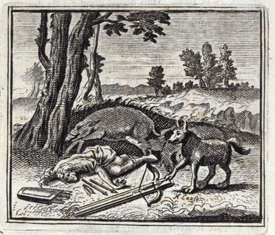 Vargen och jägaren. Fabler av Jean de La Fontaine (1621-95). Illustration av Francois Chauveau (1613-1676). Upplaga av 1728. av Francois Chauveau