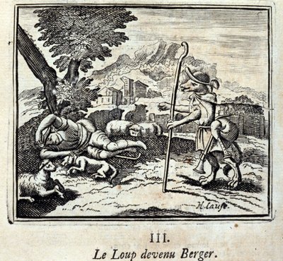 Vargen blev Berger.Fables av Jean de La Fontaine (1621-95). Illustration av François Chauveau (1613-1676). Upplaga av 1728. av Francois Chauveau