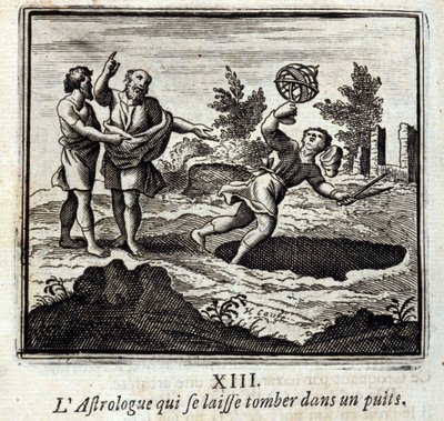 Astrologen som faller ner i en brunn. Fabler av Jean de La Fontaine (1621-95). Illustration av François Chauveau (1613-1676). Upplaga av 1728. av Francois Chauveau