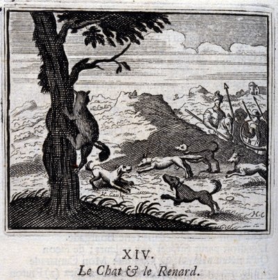 Katten och räven. Fabler av Jean de La Fontaine (1621-95). Illustration av François Chauveau (1613-1676). Upplaga av 1728. av Francois Chauveau