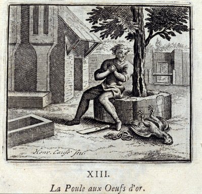 Kycklingen med guldägg. Fabler av Jean de La Fontaine (1621-95). Illustration av François Chauveau (1613-1676). Upplaga av 1728. av Francois Chauveau