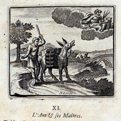 Åsnan och hans herrar. Fabler av Jean de La Fontaine (1621-95). Illustration av François Chauveau (1613-1676). Upplaga av 1728. av Francois Chauveau