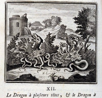 Draken har flera huvuden och draken har flera svansar. Fabler av Jean de La Fontaine (1621-95). Illustration av François Chauveau (1613-1676). Upplaga av 1728. av Francois Chauveau