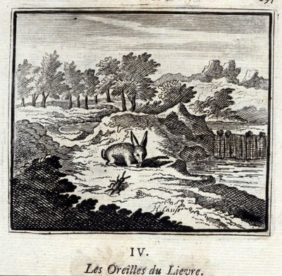 Lievres öron. Fabler av Jean de La Fontaine (1621-95). Illustration av François Chauveau (1613-1676). Upplaga av 1728. av Francois Chauveau