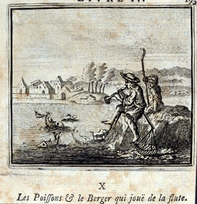 Fisken och herden som spelar flöjt. Fabler av Jean de La Fontaine (1621-95). Illustration av François Chauveau (1613-1676). Upplaga av 1728. av Francois Chauveau