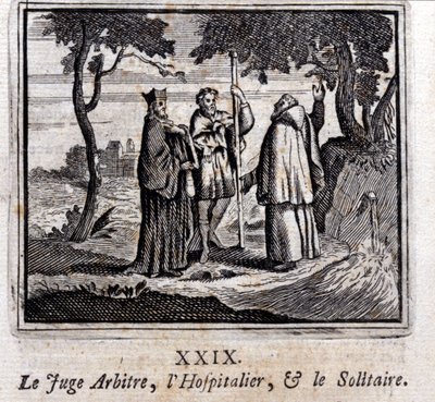 Domaren dömer Hospitaller och Solitaire. Fabler av Jean de La Fontaine (1621-95). Illustration av Francois Chauveau (1613-1676). Upplaga av 1728. av Francois Chauveau