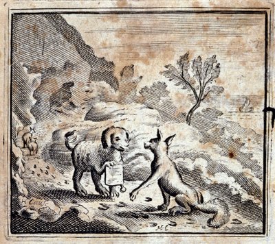 Det sjuka lejonet och räven. Fabler av Jean de La Fontaine (1621-95). Illustration av François Chauveau (1613-1676). Upplaga av 1728. av Francois Chauveau