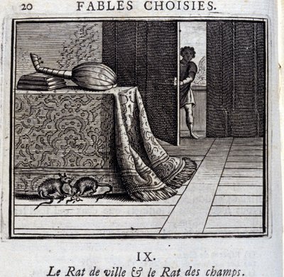 Stadsråttan och åkerråttan. Fabler av Jean de La Fontaine (1621-95). Illustration av François Chauveau (1613-1676). Upplaga av 1728. av Francois Chauveau