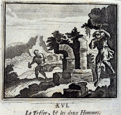 Skattmästaren och de två männen. Fabler av Jean de La Fontaine (1621-95). Illustration av François Chauveau (1613-1676). Upplaga av 1728. av Francois Chauveau