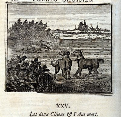 De två hundarna och den döda åsnan. Fabler av Jean de La Fontaine (1621-95). Illustration av François Chauveau (1613-1676). Upplaga från 1728. av Francois Chauveau