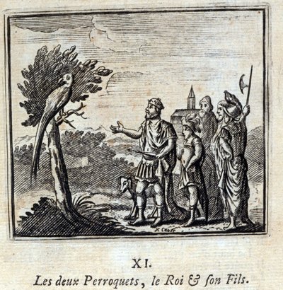 De två papegojorna kungen och hans son. Fabler av Jean de La Fontaine (1621-95). Illustration av François Chauveau (1613-1676). Upplaga av 1728. av Francois Chauveau