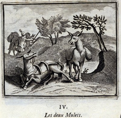 De två mulorna. Fabler av Jean de La Fontaine (1621-95). Illustration av Francois Chauveau (1613-1676). Upplaga av 1728. av Francois Chauveau