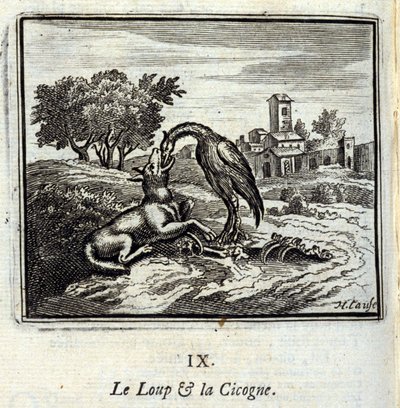 Vargen och storken. Fabler av Jean de La Fontaine (1621-95). Illustration av François Chauveau (1613-1676). Upplaga av 1728. av Francois Chauveau