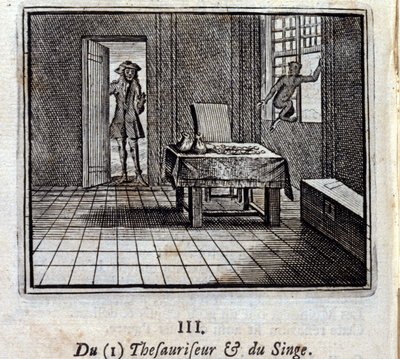Tesauriserare och apa. Fabler av Jean de La Fontaine (1621-95). Illustration av Francois Chauveau (1613-1676). Upplaga av 1728. av Francois Chauveau
