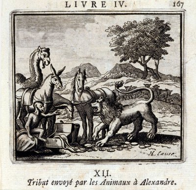Hyllning skickad av Djuren till Alexander. Fabler av Jean de La Fontaine (1621-95). Illustration av François Chauveau (1613-1676). Upplaga av 1728. av Francois Chauveau