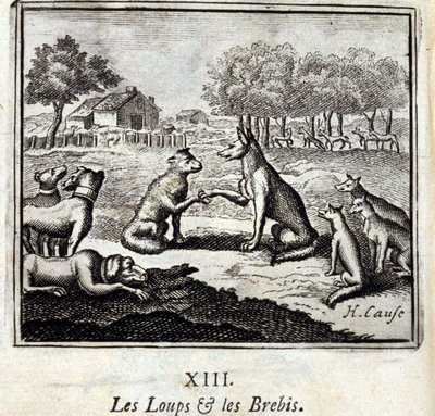 Vargar och får. Fabler av Jean de La Fontaine (1621-95). Illustration av Francois Chauveau (1613-1676). Upplaga av 1728. av Francois Chauveau