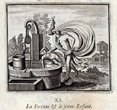 förmögenheten och det lilla barnet. Fabler av Jean de La Fontaine (1621-95). Illustration av François Chauveau (1613-1676). Upplaga av 1728. av Francois Chauveau