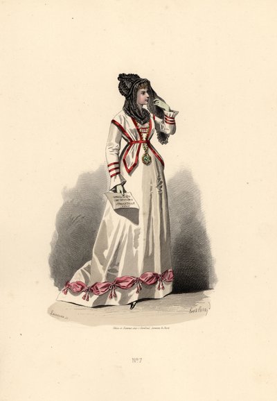 Kvinna i vit klänning prydd med rosa bouffanter. av Francois Claudius (after) Compte Calix