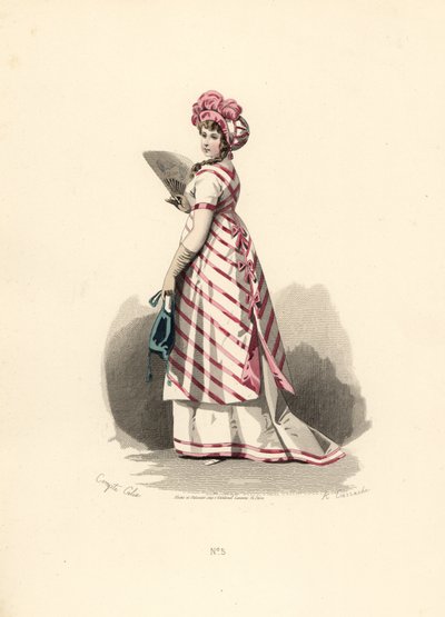 Kvinna i vit klänning med rosa kant, randigt förkläde. av Francois Claudius (after) Compte Calix