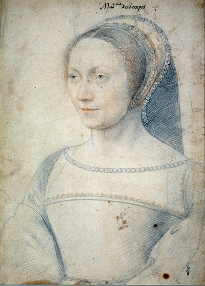 Porträtt av Anne de Pisseleu, hustru till Jean de Brush, hertiginna av Etampes (1508 - 1576). Teckning med svart sten och blod av Francois Clouet (1515-1572) av François Clouet