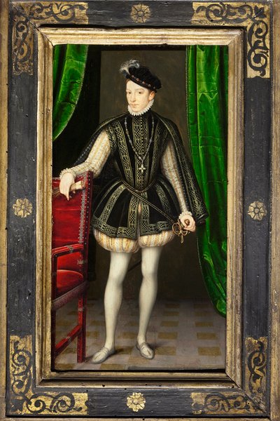 Porträtt av Karl IX (1550-1574), andra son till Henrik II och Catherine de Medicis, kung av Frankrike vid sin brors död i Francois II (1544-1560), gifte sig 1570 med Elizabeth av Österrike (1554-1592), Hans regne präglas av religionskrigen och th av François Clouet