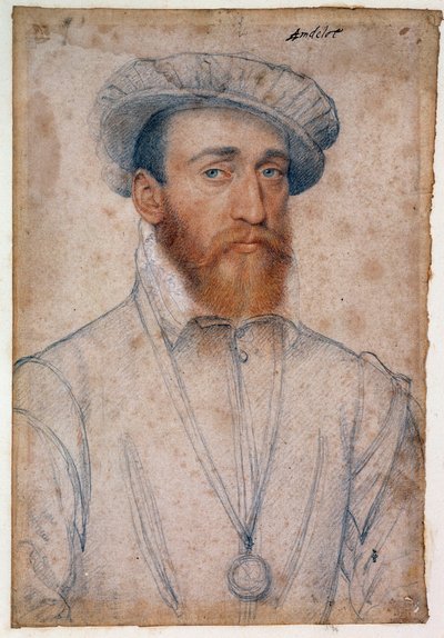 Porträtt av Francois de Coligny, herre över Andelot (1521 - 1569). Att rita ett blod och en svart sten av Clouet Francois (1515-1572) av François Clouet