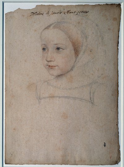 Porträtt av Marguerite de France (1523-1574) barn, dotter till Francois I, hertiginnan av Savojen Teckning med svart sten, blod förstärkt med akvarell av Francois Clouet (1515-1572) Chantilly från 1500-talet, Musee Conde av François Clouet