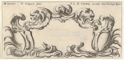Plåt 10: en kartusch med två lejons huvuden i profil till vänster och höger i t..., ca. 1640-45. av Francois Collignon