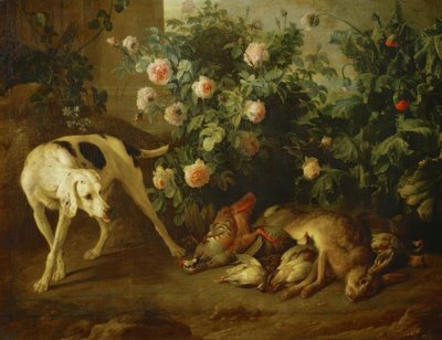 Hund som vakar vilt nära en rosenbuske av Francois Desportes