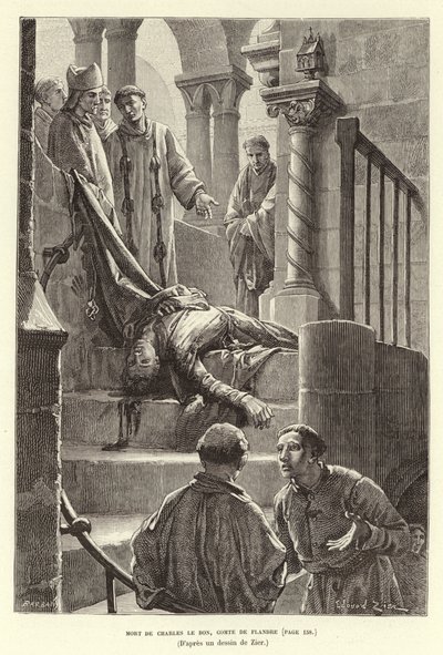 Karl den gode, greve av Flandern, död. Mordet på Karl den gode, greve av Flandern, Brygge av Francois Edouard (after) Zier