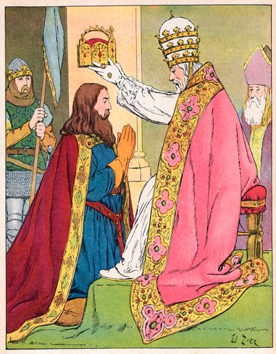 Karl den Store (742-814) krönt av påven Leo III (c750-816) vid Peterskyrkan i Rom den 25 december 800 - Karl den Stores heliga (kröning) (742-814) år 800 av påven Leon III - Illustration av Francois Zier ( 1856-1924) hämtat från "Our Glory-Nationals" av Francois Edouard Zier