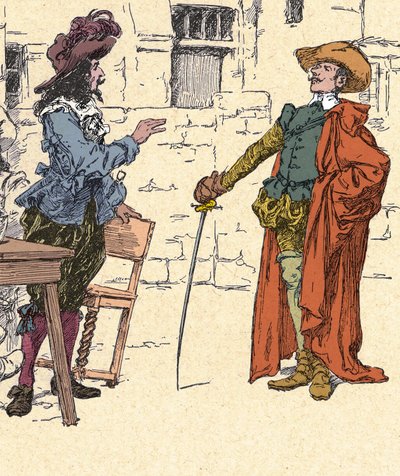 Möte av Cyrano, ung, anländer till Paris, med D