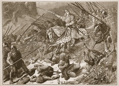 "Lady of the Mercians" som kämpar mot walesarna, illustration från "Cassell