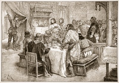 Budbäraren som förde nyheterna om Vilhelms landstigning till Harold, illustration från "The Church of England: A History for the People" av H.D.M. Spence-Jones, pub. ca 1910 (sepiafoto). av Francois Edouard Zier
