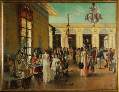 Cafe Frascati (Paris, Frankrike), en scen i Napoleons tid (sent 18-1815) - Målning av Francois Flameng (1856-1923), olja på trä av Francois Flameng