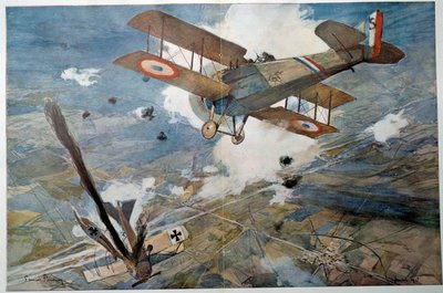 Första världskriget "" Air Fight"" Fiendens plan som faller i lågor. Akvarellmålning av Francois Flameng (1856-1923) 1918 Privat samling av Francois Flameng