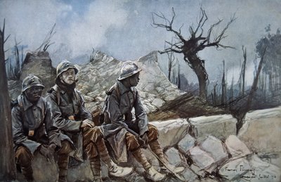 Franska trupper vilar bland ruinerna av en kyrka i Dompierre av Francois Flameng