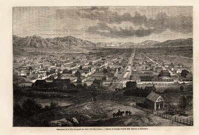 Panorama över staden med den stora smutsiga sjön, med citat av de heliga (Utah), teckning av Ferogio, för att illustrera Richard Burtons resa till staden Saints, huvudstad i mormonernas land, 1860. Gravyr i "" Le tour du monde ””, redigerad av Edouard Char av Francois Fortune Antoine (after) Ferogio