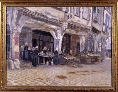 Marknad under verandorna i Dinan - av F. Gombeaux, sent 1800-tal av Francois Gombeaux