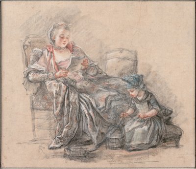 Kvinna som läser och en flicka som spelar Marquise de Pompadour med sin dotter Alexandrine, ca 1748 av Francois Guérin