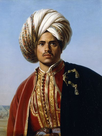 Porträtt av en osmansk prins, halvlängd, i rött och guld, av Francois Henri Alexandre La Fond
