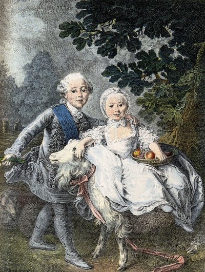 Greven av Artois barn (blivande kung Karl X) (1757-1836) och hans syster Marie Clotilde Xavière (blivande drottning av Sardinien) (1759-1802) - representerade 1764. Gravyr 1800-talet efter målningen av François Hubert Drouais. av Francois Hubert (manner of) Drouais
