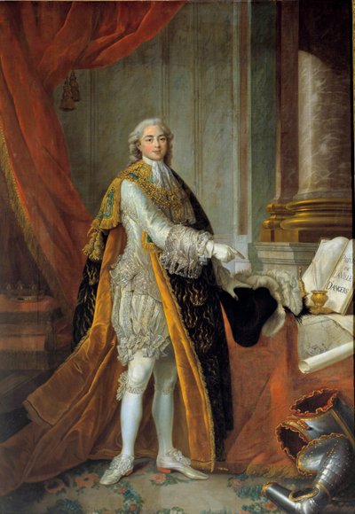 Porträtt vid foten av Louis Stanislas Xavier av Frankrike (framtida Ludvig XVIII), greve av Provence (1755-1824) i stor klädsel av den Helige Andes Orden (Den Helige Andes Orden) och presenterar privilegierna för staden Angers” ”””” Målning av Francois av Francois Hubert Drouais