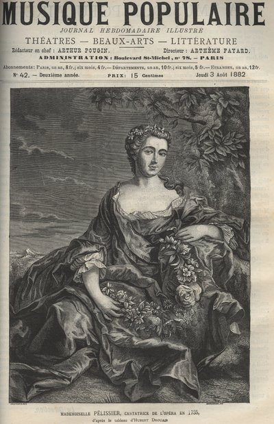 Porträtt av Marie Pelissier (eller Pellissier) (1707-1749), fransk operasångerska - gravyr efter målningen Hubert Drouais - gravyr i "" La musique populaire""" illustrerad veckotidning - 1882 av Francois Hubert Drouais