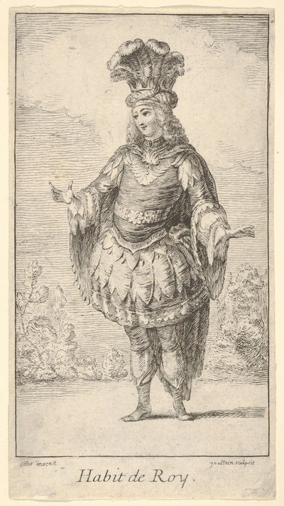 Habit de Roy: en man som bär en tonnelett dekorerad med rosetter, en krona och en turban med..., ca. 1721. av Francois Joullain