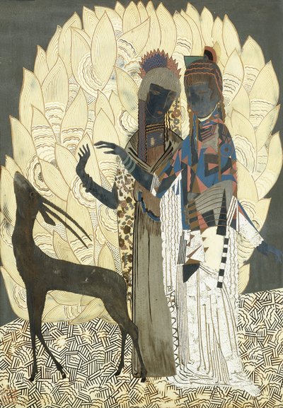 Två stiliserade kvinnor med en antilop bland lövverk, ca 1928 (lack och coquille d