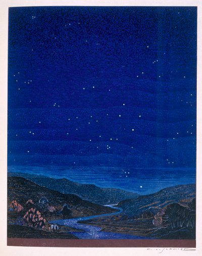 Nattlandskap, illustration från Rudyard Kiplings "Kim", 1930 av Francois Louis Schmied