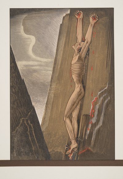 Prometheus spikad till klippan, från Prométhée Enchaîné av Aeschylus, pub. 1941 (pochoirtryck) av Francois Louis Schmied